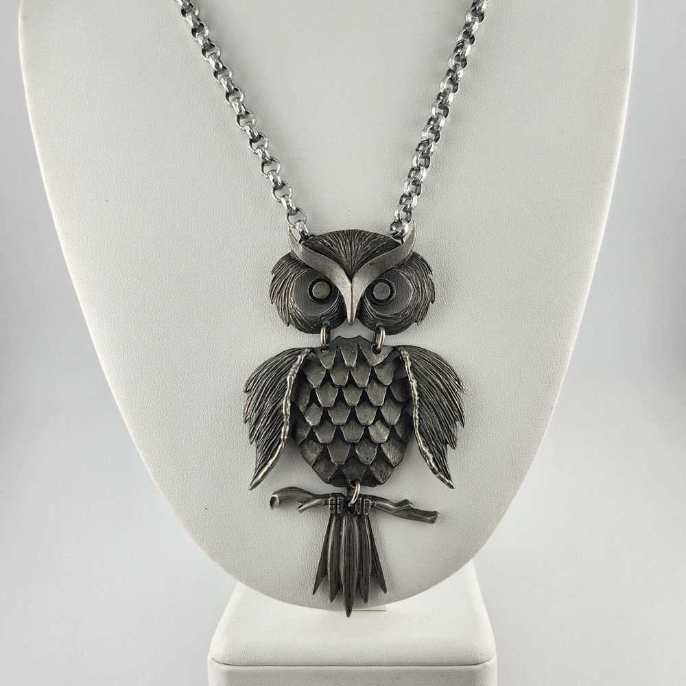 VINTAGE JOINTED ARTICULATED PEWTER OWL SILVER TONE CHAIN‎ NECKLACE